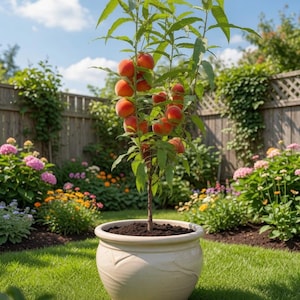 May include: A small peach tree with several ripe, round, orange-red peaches growing on its branches, planted in a round, cream-coloured ceramic pot with a subtle embossed pattern around the exterior, sitting on a green lawn.