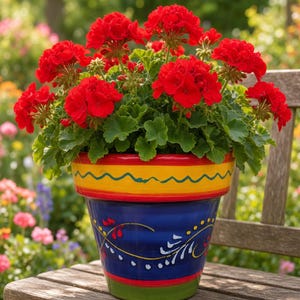 May include: A vibrant red geranium plant with green leaves potted in a hand-painted ceramic planter. The planter features a yellow rim with a teal wavy line, a deep blue middle section with white and red floral scrollwork, and a green base.