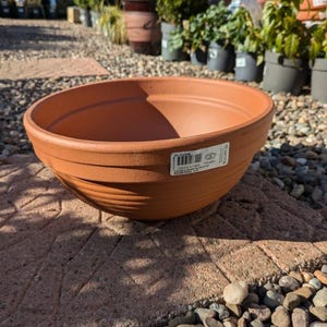 May include: A large, round terracotta plant pot with a wide, shallow bowl shape. The pot has a ridged design around the exterior and sits on a brick surface. Other pots and plants are visible in the background.
