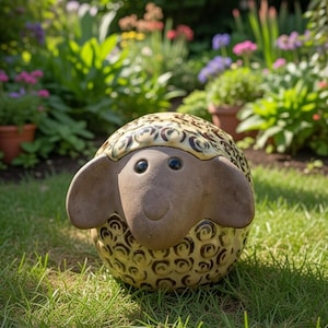 May include: A ceramic sheep figurine featuring a smooth, matte brown face with two black eyes and large ears. The body is rounded and cream-coloured, decorated with a repeating pattern of dark brown, swirling, circular motifs across the surface.