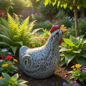 Bessie Ceramic Chicken Garden Ornament – Handmade Glazed Chicken Statue – 25cm x 11cm – Rustic Grey Garden Decor