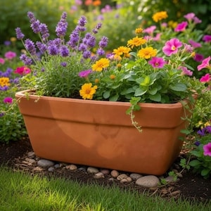 May include: A rectangular terracotta planter filled with vibrant purple lavender, bright yellow marigolds, and small pink flowers. The planter has a smooth, matte finish and sits low to the ground, showcasing a variety of colourful garden blooms.
