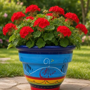 May include: A vibrant red geranium plant with green leaves potted in a hand-painted ceramic planter. The planter features a bright blue upper section with white swirl designs, a yellow middle band, and a solid red base with decorative trim.