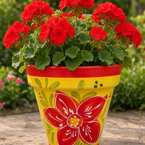 May include: A vibrant yellow ceramic flower pot featuring a hand-painted large red flower design with green leaves and a red rim. The pot is filled with a lush cluster of bright red geranium flowers with green foliage, creating a colourful display.