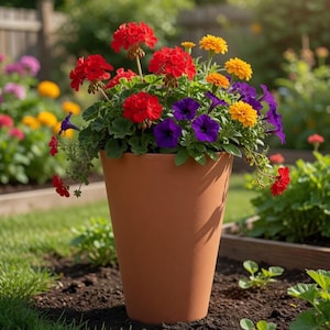 May include: A tall, terracotta-coloured flower pot overflowing with red geraniums, purple petunias, and yellow zinnias. The pot sits in a garden bed, surrounded by green grass and other colourful flowers. The scene is illuminated by sunlight.