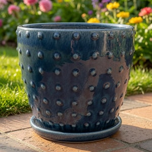 Blue Glazed Ceramic Plant Pot with Attached Saucer | Handmade European Garden Planter | Indoor Outdoor Flower Pot | 19cm & 27.5cm