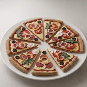 Op de afbeelding: Een witte plaat toont acht gehaakte pizzapunten. Elke punt heeft een bruine korst, rode saus en diverse toppings zoals zwarte olijven, rode tomaten, witte uien en groene kruiden. De pizzapunten zijn in een cirkelvorm gerangschikt.