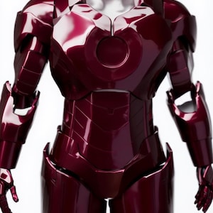 May include: A shiny, metallic burgundy-colored superhero suit with a smooth, reflective surface. The suit features segmented armor plating, a chest emblem, and articulated joints. The costume is displayed on a mannequin.