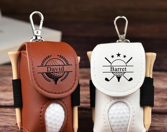 Personalisierte Leder Golfballtasche mit Teeshalter, Golfgeschenk mit Gravur