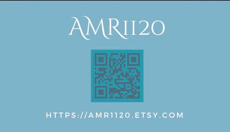 May include: Light blue background with the text "AMRII20" in white script above a teal QR code. Below the QR code is the Etsy shop URL: HTTPS://AMRII120.ETSY.COM.