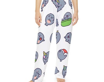 Seal Narwhal Pajama Pants, Women's Cozy Loungewear, Cartoon Pattern