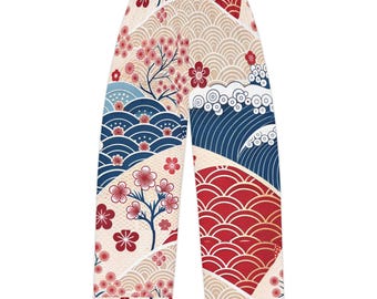 Japanese Cherry Blossom Wave Pajama Pants | Floral Geometric AOP Lounge Bottoms