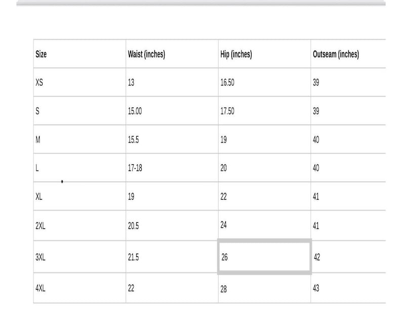 Peut inclure: Un tableau des tailles de v&ecirc;tements avec des mesures en pouces. Les tailles vont de XS &agrave; 4XL, d&eacute;taillant les mesures de la taille, des hanches et de l'entrejambe. Les mesures de la taille varient de 33 cm &agrave; 56 cm, les hanches de 42 cm &agrave; 71 cm, et l'entrejambe de 99 cm &agrave; 109 cm.