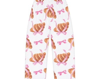 Croissant Pattern Pajama Pants, Pink Bows, Cozy Lounge Wear