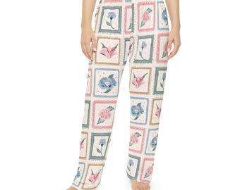 Spodnie piżamowe z kwiatowym patchworkiem | Pastelowe niebieskie i różowe kwadraty