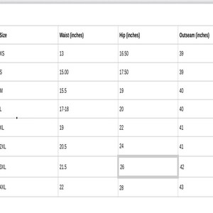 May include: A white table displays a size chart with measurements in inches. The chart includes sizes XS to 4XL, listing waist, hip, and outseam measurements. The waist measurements range from 33 to 56 cm, hip from 42 to 71 cm, and outseam from 99 to 109 cm.