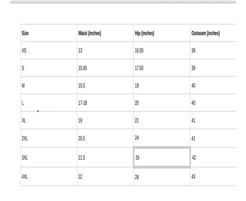 May include: A white table displays a size chart with measurements in inches. The chart includes sizes XS to 4XL, listing waist, hip, and outseam measurements. The waist measurements range from 33 to 56 cm, hip from 42 to 71 cm, and outseam from 99 to 109 cm.