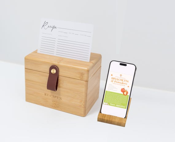 Modern Wooden Recipe Box with Dividers | Recipe Cards and Box Set With Phone Stand | Personalized Recipe Box | 4x6 Recipe Card Dividers