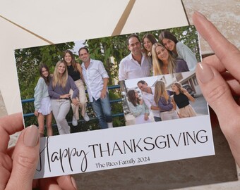 May include: A rectangular Thanksgiving greeting card featuring two photo collages of a family, with the printed text Happy THANKSGIVING and The Rico Family 2024 at the bottom, held against a cream-colored envelope on a textured surface.