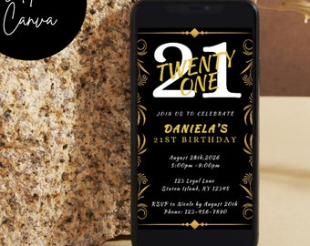 21st Birthday Invitation, Black and Gold Invite, Canva Template (Digital Download)