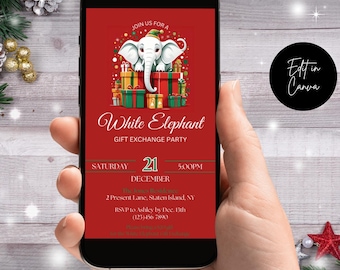 May include: A smartphone screen displays a red digital invitation for a White Elephant gift exchange party. The graphic features a white elephant wearing a green and red hat, sitting atop a stack of colorful wrapped gift boxes.