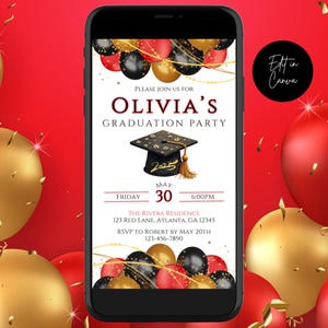 Editable Graduation Party Invite, Graduation Invitation, Black, Red & Gold Invite, Grad Celebration, Digital Download, Editable Template
