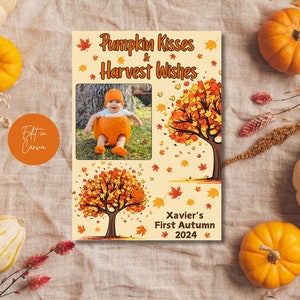 Aanpasbare herfstfotokaart, pompoenkusjes en oogstwensen, baby's eerste herfst, baby's 1e herfst, fotokaartsjabloon, digitale download