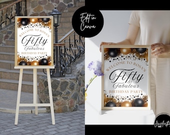 50th Birthday Welcome Sign, 50th Birthday Decor, Black and Gold Party Poster, Editable Fifty Sign (Digital Download)