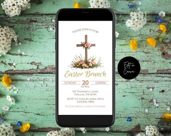 Może przedstawiać: Cyfrowe zaproszenie na brunch wielkanocny w niedzielę, 20 kwietnia o godzinie 12:00. Zaproszenie przedstawia drewniany krzyż z różowymi i białymi kwiatami oraz tekst "Proszę dołącz do nas na wielkanocny brunch".