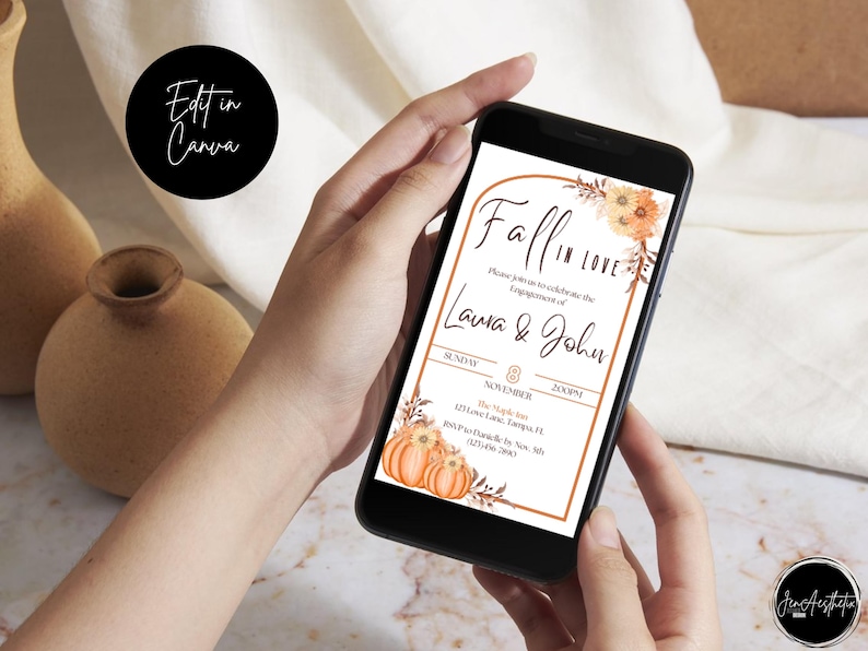 Editable Fall Engagement Invitation: Fall in Love; Autumn Leaves ...