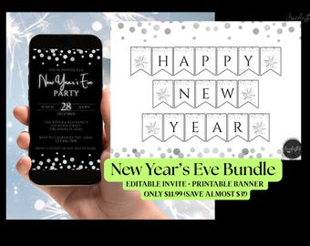 Silver Confetti New Year's Eve Party Pack, Editable Invitation & Banner Template, DIY (Digital Download)