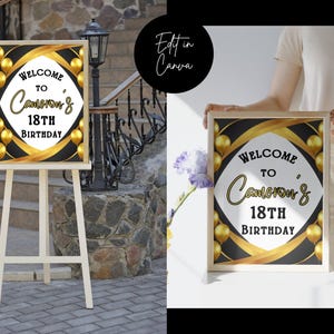 Editable Birthday Welcome Sign, Any Age Birthday, Elegant Black & Gold Welcome Sign, Milestone Birthday, Digital Download, Editable Template