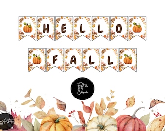 Könnte beinhalten: Ein Banner mit der Aufschrift "HELLO FALL" mit einem Aquarelldesign. Jede Wimpelkette hat einen Kürbis und Herbstlaub. Der untere Teil des Bildes zeigt Aquarellkürbisse und Blätter.