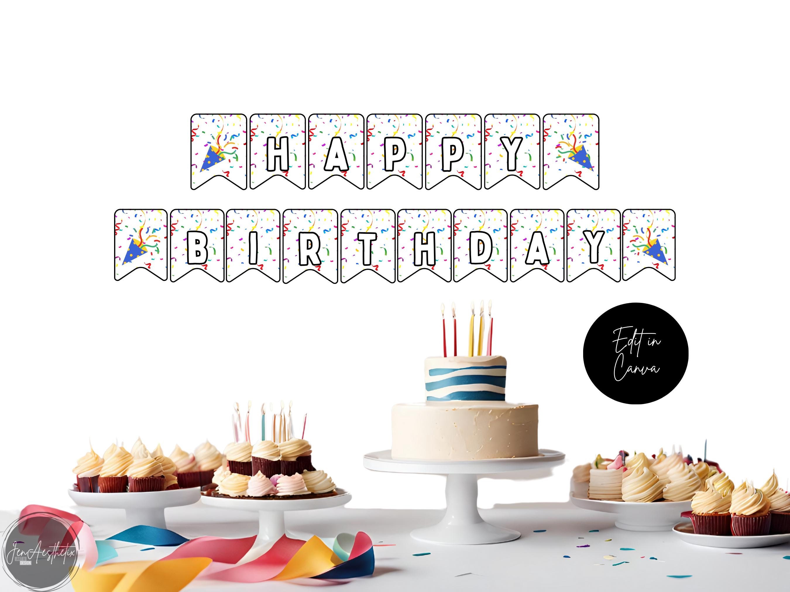 Bearbeitbares Happy Birthday Banner: DIY druckbare Vorlage (transparent, digitaler Download)