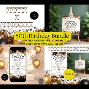 50th Birthday Party Bundle, Editable Fiftieth Party Pack, Fifty Invite, Sign, Banner (Digital Download)