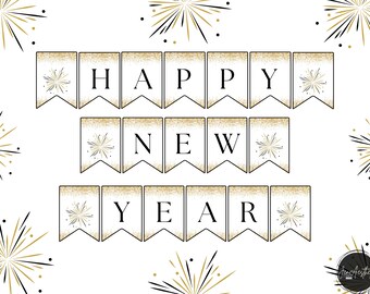 Banner de Feliz Año Nuevo con purpurina dorada / Decoración imprimible para fiesta de fin de año (descarga digital)