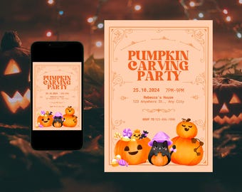 Pumpkin Carving Party Invitation, Halloween Invitation, Pumpkin Party Invitation, Editable Canva Template