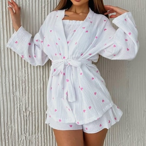 Muslin Lounge Set: 3-Piece Cotton Robe, Top & Shorts