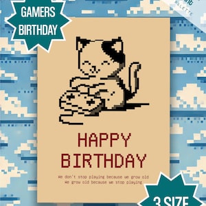 Gamers Forever Young - carte d'anniversaire Gamer rétro numérique - carte d'anniversaire de jeu vidéo - cadeau Gamer - carte HBD Pixel imprimable chat gaming