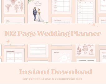 May include: A 102-page wedding planner digital document featuring a cover with a watercolor illustration of a couple, various organizational templates, seating charts, catering logs, and floral sketches in a soft pink and white color palette.