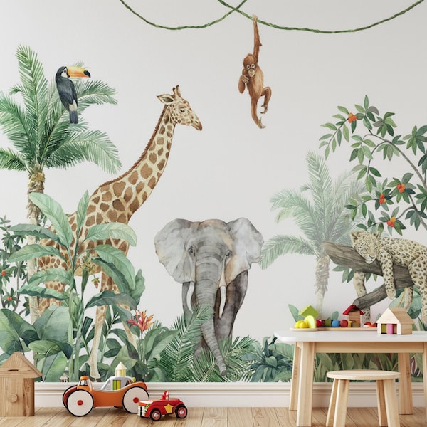 Jungle Tropical Animal Wallpaper Mural - Safari Wall Art for Kids Room, Wildlife Nursery Decor