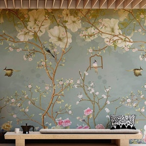 Chinoiserie Birds and Flowers Wallpaper Mural: Vintage Floral Wall Art