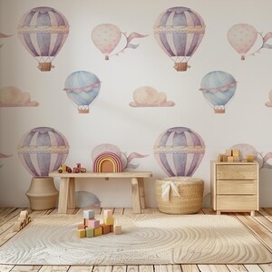 Hot Air Balloon Adventure Mural - Kids Room and Nursery Wallpaper, Dreamy Sky Wall Art, Playroom Decor