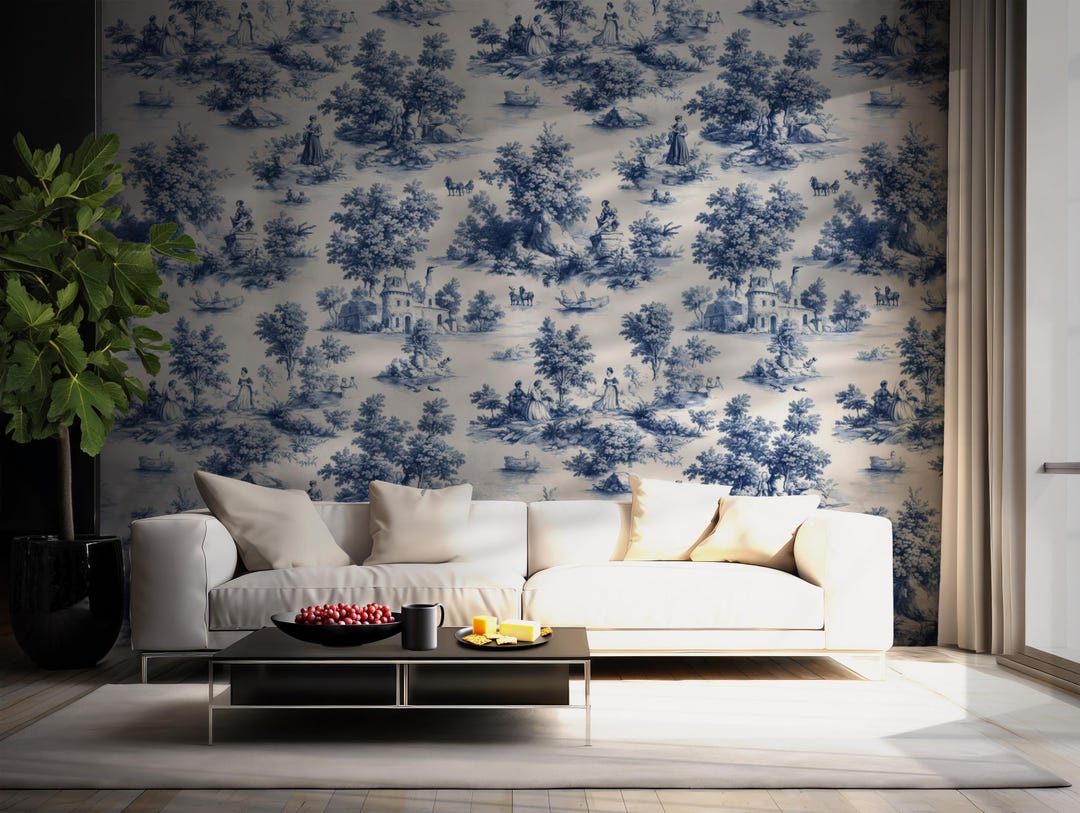 Blue Toile De Jouy Wallpaper: French Pastoral Vinyl Wall Mural Print ...