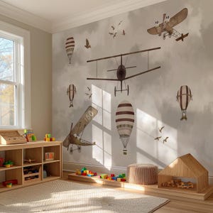 Airplane Adventure Mural - Kids Room and Nursery Wallpaper, Hot Air Balloon and Plane Wall Art, Vintage Travel and Flight Theme