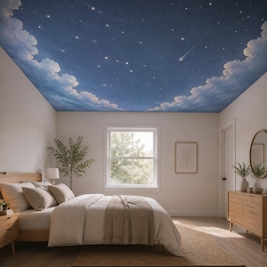 May include: A bedroom featuring a ceiling mural of a dark blue night sky filled with stars, constellations, and a shooting star, framed by soft white clouds. The room includes a bed with white bedding, a wooden headboard, and a window.