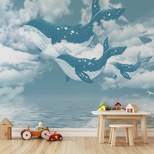 Whale Mural Wallpaper - Ocean and Sea Animal Wall Decor, Underwater Theme for Kids Room, Nursery, Playroom, Coastal Marine Life Art