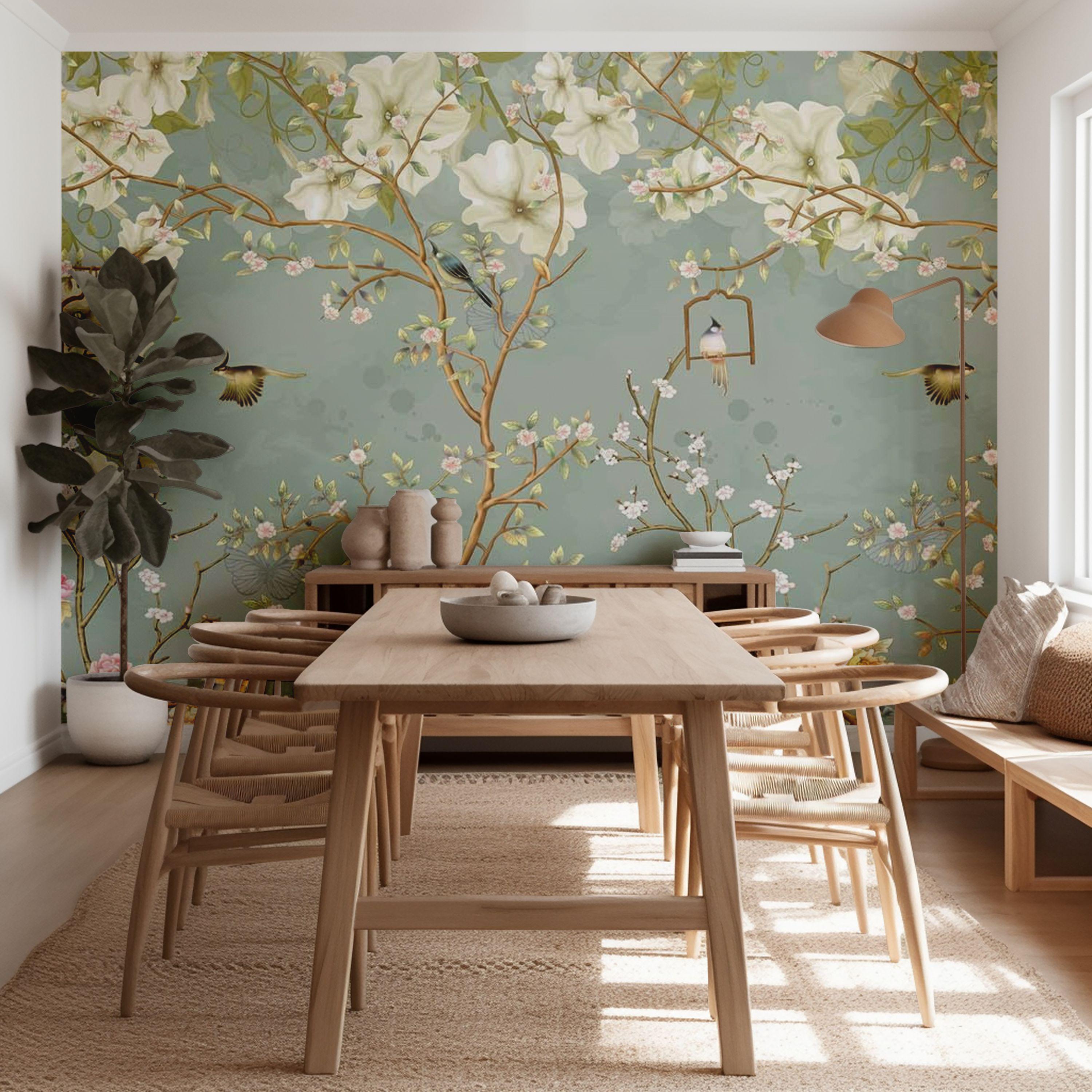 Chinoiserie Birds and Flowers Wallpaper Mural: Vintage Floral Wall Art ...