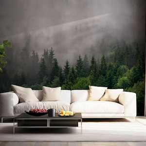 Foggy Misty Forest Mural - Nature Wallpaper, Woodland Retreat Wall Art for Living Room, Bedroom, Green Scenic Landscape