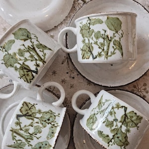 Vintage Midwinter Stonehenge Tea Cup & Saucer | Green Botanical Coffee Cup | English Pottery | Cottagecore Kitchen Decor